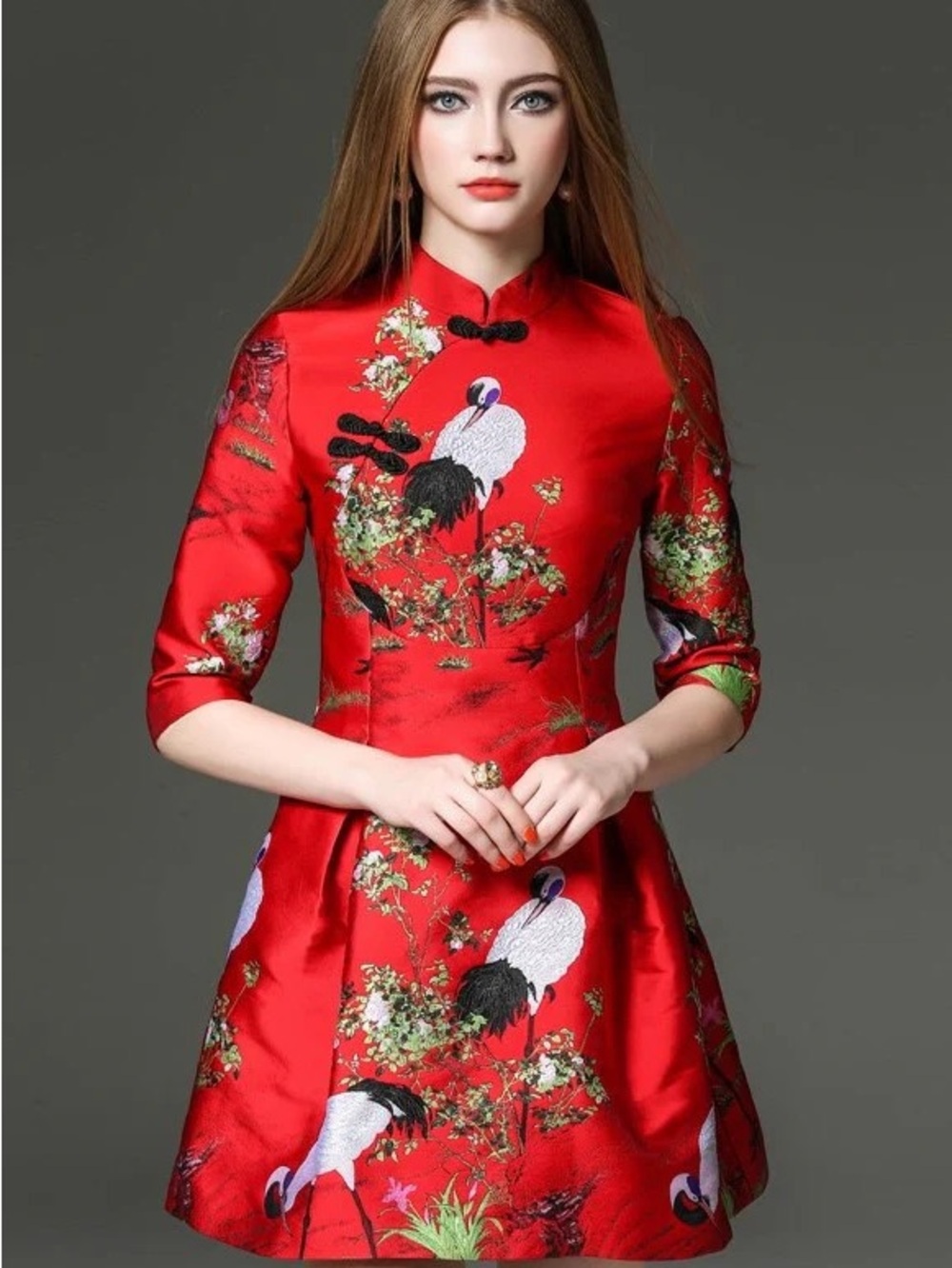 Red Floral Crane Fit-and-Flare Dress